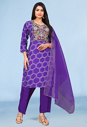 Embroidered Pure Viscose Silk Pakistani Suit in Purple