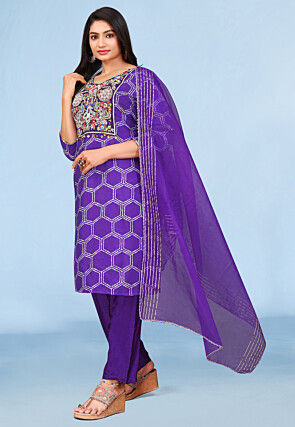 Embroidered Pure Viscose Silk Pakistani Suit in Purple