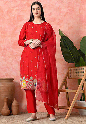 Embroidered Pure Viscose Silk Pakistani Suit in Red