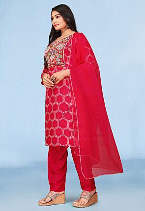 Embroidered Pure Viscose Silk Pakistani Suit in Red