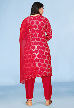 Embroidered Pure Viscose Silk Pakistani Suit in Red