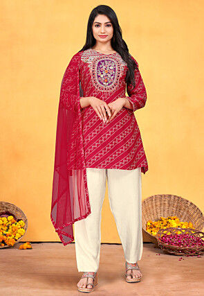 Embroidered Pure Viscose Silk Pakistani Suit in Red