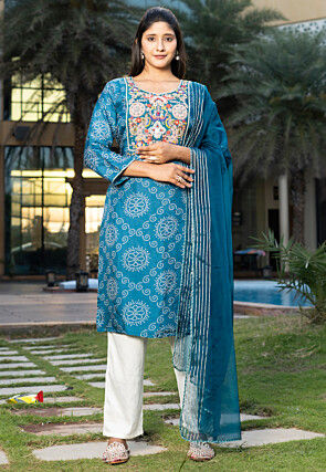 Embroidered Pure Viscose Silk Pakistani Suit in Teal Blue