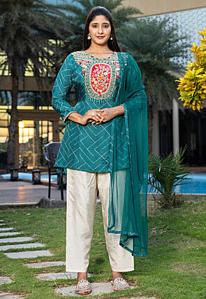 Embroidered Pure Viscose Silk Pakistani Suit in Teal Blue