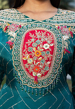 Embroidered Pure Viscose Silk Pakistani Suit in Teal Blue