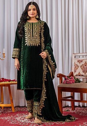 Embroidered Velvet Pakistani Suit in Dark Green