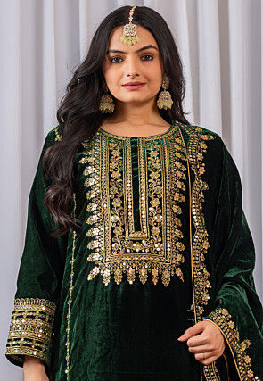 Embroidered Velvet Pakistani Suit in Dark Green