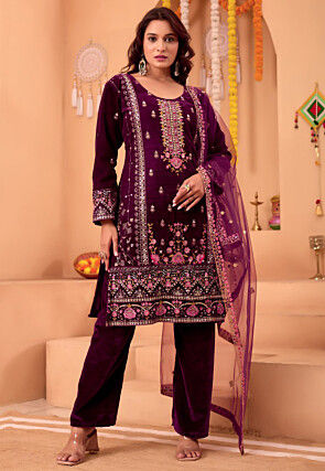 Embroidered Velvet Pakistani Suit in Violet