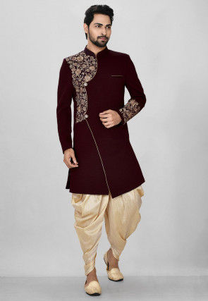 Embroidered Quilted Scuba Dhoti Sherwani in Maroon