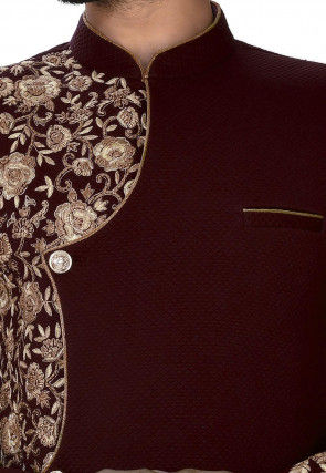 Embroidered Quilted Scuba Dhoti Sherwani in Maroon