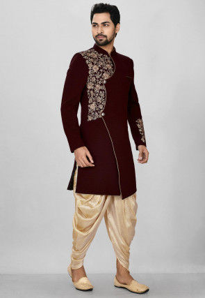Embroidered Quilted Scuba Dhoti Sherwani in Maroon