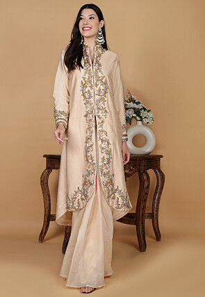 Embroidered Raw Silk A Line Kurta Set in Light Beige