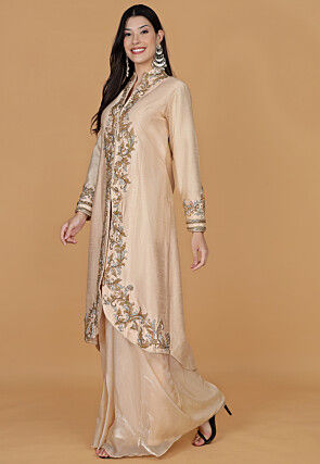 Embroidered Raw Silk A Line Kurta Set in Light Beige