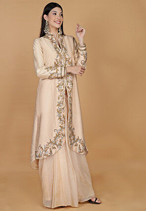 Embroidered Raw Silk A Line Kurta Set in Light Beige