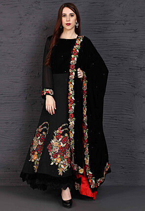 Embroidered Raw Silk Abaya Style Suit in Black