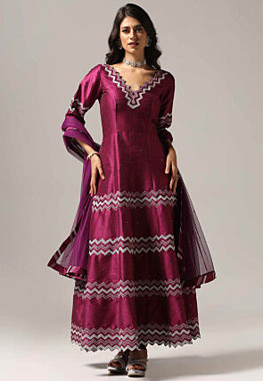 Embroidered Raw Silk Abaya Style Suit in Dark Magenta