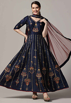 Embroidered Raw Silk Abaya Style Suit in Navy Blue