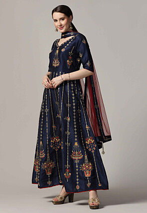 Embroidered Raw Silk Abaya Style Suit in Navy Blue
