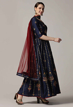 Embroidered Raw Silk Abaya Style Suit in Navy Blue