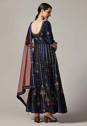 Embroidered Raw Silk Abaya Style Suit in Navy Blue