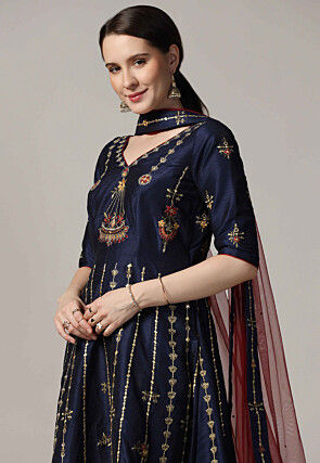 Embroidered Raw Silk Abaya Style Suit in Navy Blue