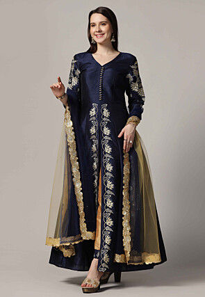 Embroidered Raw Silk Anarkali Suit in Navy Blue