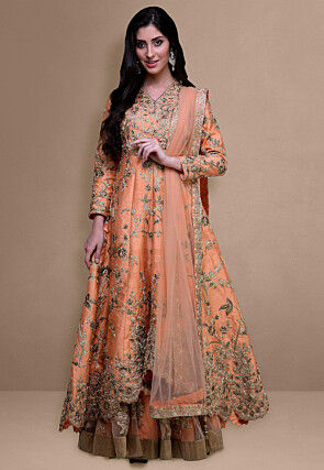Embroidered Raw Silk Anarkali Suit in Peach