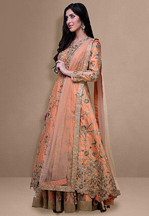 Embroidered Raw Silk Anarkali Suit in Peach