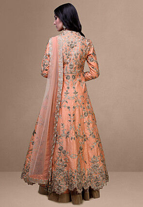 Embroidered Raw Silk Anarkali Suit in Peach