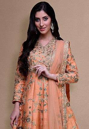 Embroidered Raw Silk Anarkali Suit in Peach