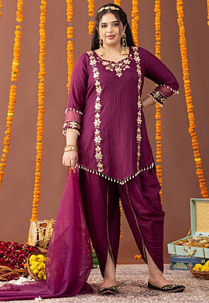 Embroidered Raw Silk Asymmetric Punjabi Suit in Wine