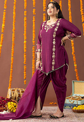 Embroidered Raw Silk Asymmetric Punjabi Suit in Wine