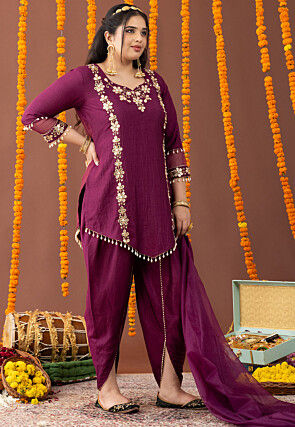 Embroidered Raw Silk Asymmetric Punjabi Suit in Wine