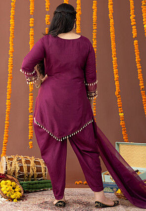 Embroidered Raw Silk Asymmetric Punjabi Suit in Wine