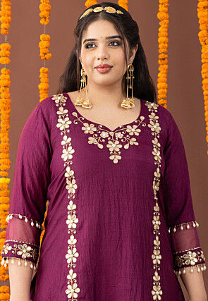 Embroidered Raw Silk Asymmetric Punjabi Suit in Wine