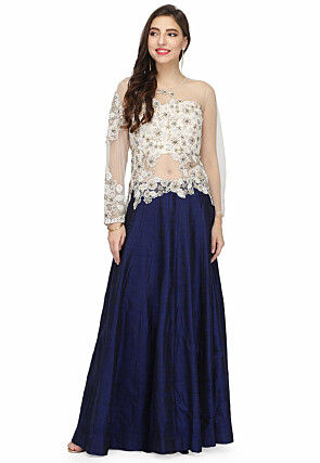 Embroidered Raw Silk Gown in Off White and Navy Blue