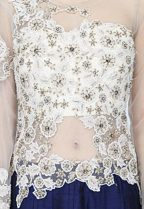 Embroidered Raw Silk Gown in Off White and Navy Blue