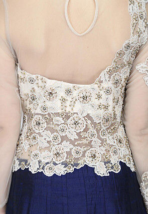 Embroidered Raw Silk Gown in Off White and Navy Blue