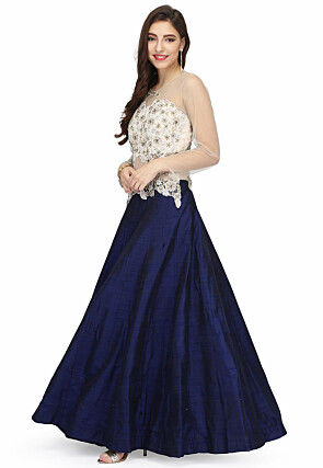 Embroidered Raw Silk Gown in Off White and Navy Blue