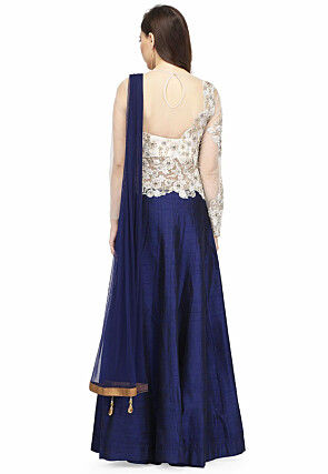 Embroidered Raw Silk Gown in Off White and Navy Blue
