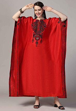 Embroidered Raw Silk Kaftan Style Dress in Red