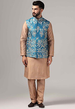 Embroidered Raw Silk Kurta Set in Beige