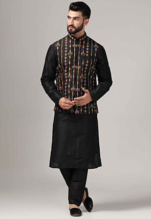 Embroidered Raw Silk Kurta Set in Black