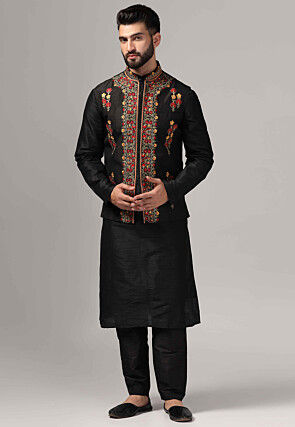 Embroidered Raw Silk Kurta Set in Black