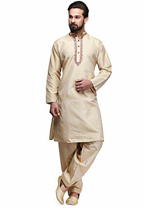 Embroidered Raw Silk Kurta Set in Light Beige