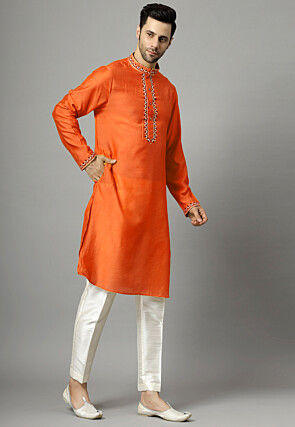 Embroidered Raw Silk Kurta Set in Orange