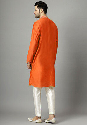 Embroidered Raw Silk Kurta Set in Orange