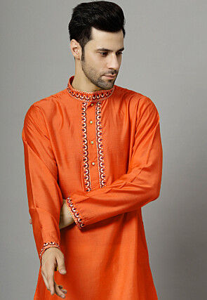 Embroidered Raw Silk Kurta Set in Orange