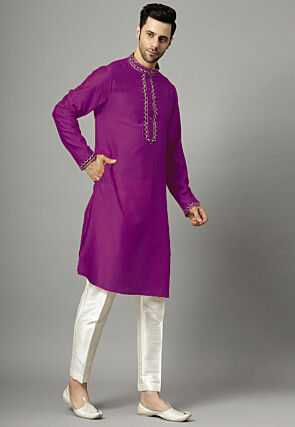 Embroidered Raw Silk Kurta Set in Purple