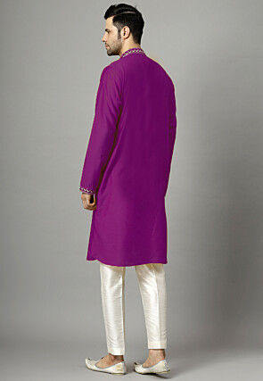 Embroidered Raw Silk Kurta Set in Purple